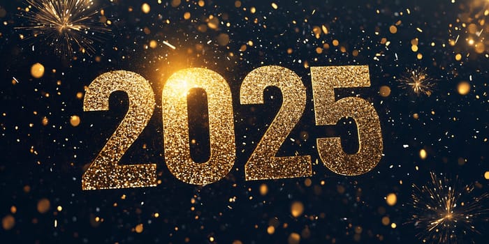 The countdown to New Year 2025 features sparkling golden numbers and bright lights, creating a festive atmosphere of celebration and joy.