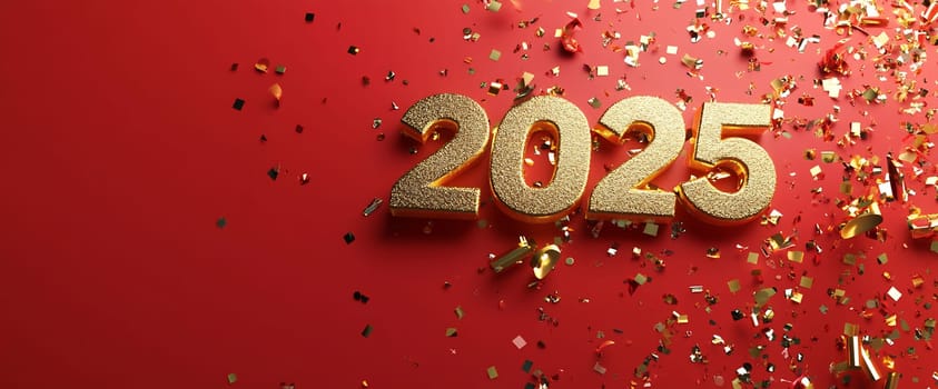 Golden numbers representing 2025 are surrounded by colorful confetti on a red background, creating a festive atmosphere.