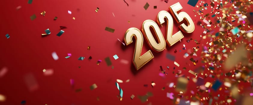 Confetti bursts around bold golden numbers representing the year 2025, set against a vibrant red background, signaling celebration and joy.