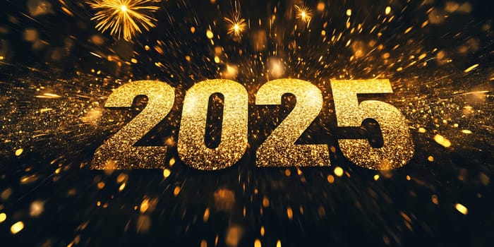 Bright fireworks explode against the night sky, marking the joyful celebration of the new year, 2025, filled with sparkling lights.