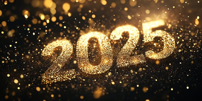 The sparkling golden numbers 2025 shine brightly, celebrating the arrival of a new year amidst a vibrant backdrop of shimmering particles.