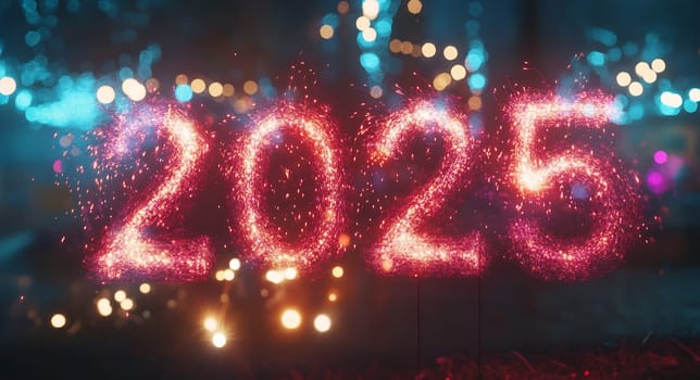 Colorful fireworks light up the night sky as the year 2025 is celebrated with excitement and joy in a lively outdoor setting.