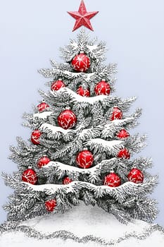 A vibrant Christmas tree adorned with red ornaments and snow, capturing the spirit of the holiday season in a cheerful setting.