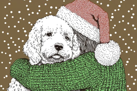 A person wearing a green sweater hugs a fluffy dog adorned with a festive Santa hat during a snowy holiday season.