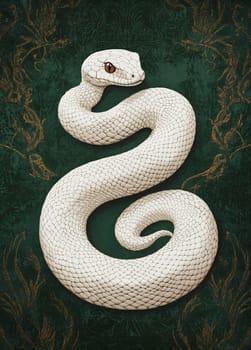A white snake elegantly curls over a dark green backdrop, showcasing its intricate scales and striking red eyes, creating a captivating contrast.
