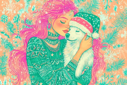 A young woman with pink hair lovingly embraces a fluffy dog in festive attire, surrounded by a colorful winter background.