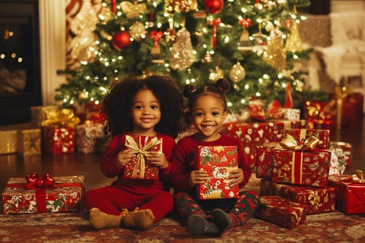 Two children sit happily on the floor, holding colorful Christmas presents in front of a beautifully decorated tree.
