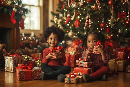 Two joyful children sit on the floor surrounded by colorful wrapped gifts, celebrating Christmas by a beautifully decorated tree.