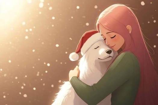 A girl with long pink hair wears a festive hat while lovingly embracing a white dog amidst a soft snowfall, creating a heartwarming moment.