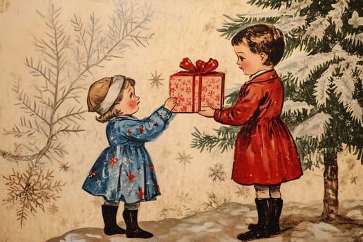 Two children stand near a decorated Christmas tree, exchanging a wrapped present with joy and excitement.