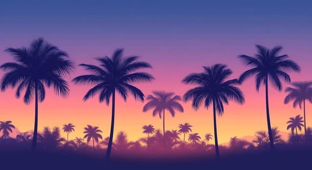 A vibrant sunset casts shades of purple and orange over silhouetted palm trees in a serene tropical environment.