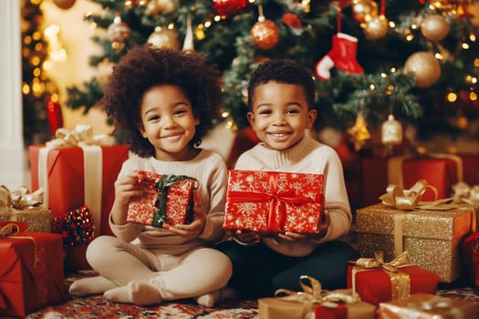 Two cheerful children sit in front of a decorated Christmas tree, holding festive gifts and surrounded by colorful presents.
