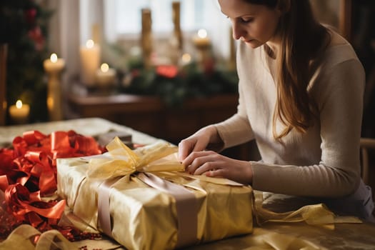 A woman carefully wraps a shiny gold gift while preparing for the holiday season, surrounded by festive decorations and candles.