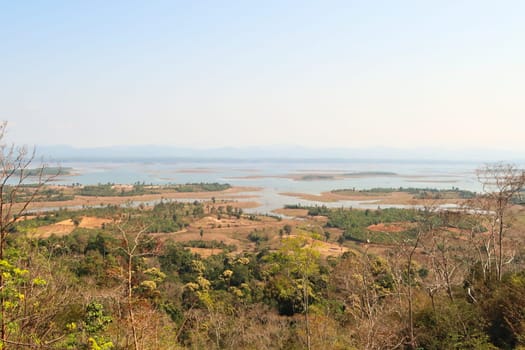 Spectacular view over the reservoir lake of Nam Theun from the view point at the end of the Orchid Trail, a tourist attraction on the Thakhek Motorbike Loop, Laos 2023