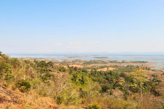 View over the reservoir lake of Nam Theun from the view point at the end of the Orchid Trail, a tourist attraction on the Thakhek Motorbike Loop, Laos 2023