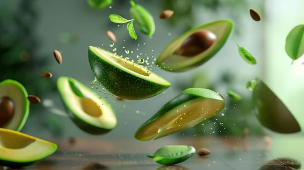Levitating slices of avocado in a healthy composition