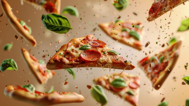 Modern design with floating slices of pizza and space for restaurant logos