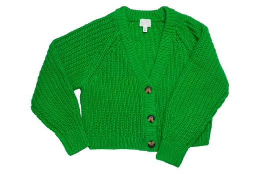 Casual elegant fluffy long-sleeved cardigan with V-neck and button closure isolated on a white background. Womens green sweater or jumper. Autumn and winter fashion.