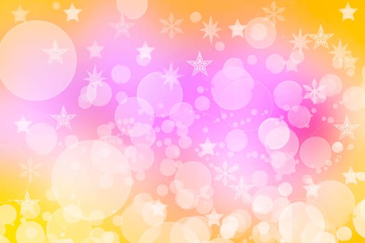 A festive abstract delicate Happy New Year or Christmas background texture with colorful gold yellow pink blurred bokeh lights and stars. Space for design. Card concept or advertising.
