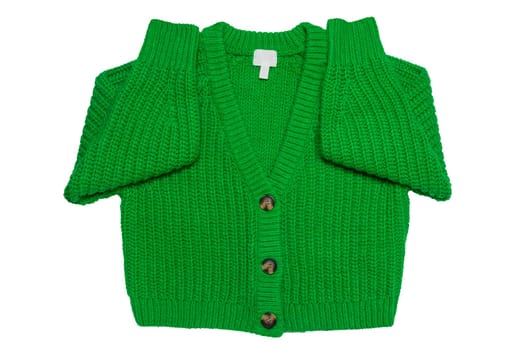 Casual elegant fluffy long-sleeved cardigan with V-neck and button closure isolated on a white background. Womens green sweater or jumper. Autumn and winter fashion.