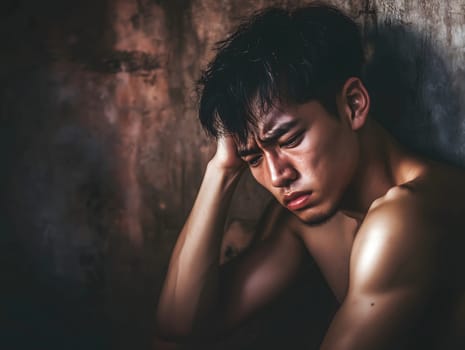 Sad depressed unhappy emotional asian male man close-up portrait