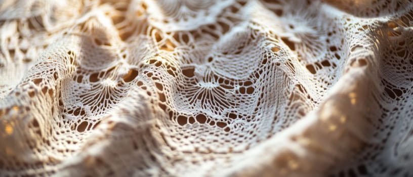 Close up of intricate white lace fabric with floral pattern, showcasing the delicate and romantic texture of the material.