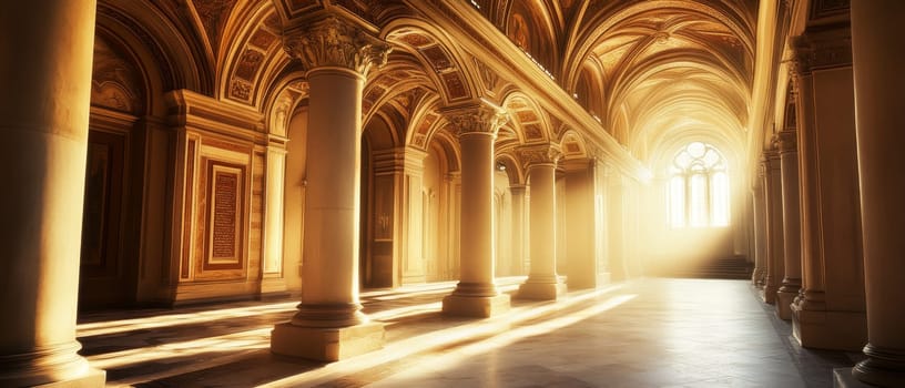 Majestic cathedral interior with golden sunlight streaming through windows, illuminating ornate columns, arches, and vaulted ceilings.