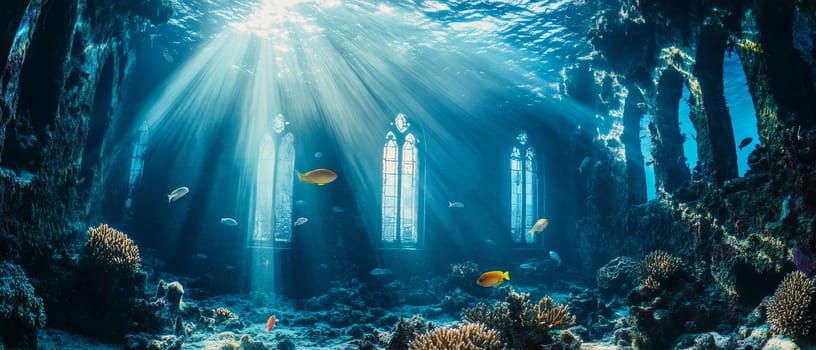 Sunken church ruins with Gothic style windows submerged in clear blue water, surrounded by colorful tropical fish and coral reefs, creating a surreal underwater landscape.