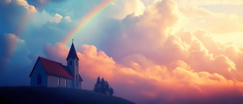 A picturesque white church with a red roof stands on a hill, illuminated by a vibrant rainbow and golden sunset sky, creating a serene and spiritual atmosphere.