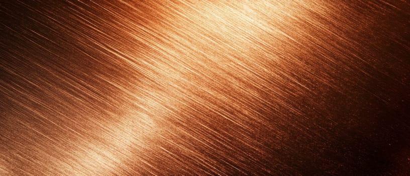 Close up of polished copper surface with diagonal brushed texture, creating a shimmering metallic background with warm tones.