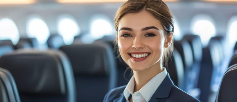 Portrait of a cheerful young flight attendant with perfect makeup and uniform, standing in the aisle of a passenger airplane with seats in background.