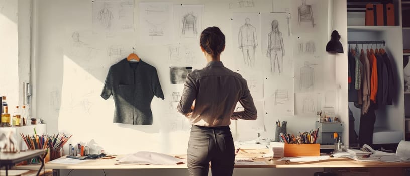 Rear view of a fashion designer examining sketches and garment on wall, with desk full of creative supplies and clothing rack in sunlit studio.
