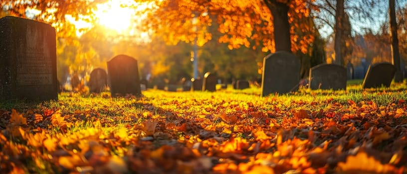 A serene cemetery bathed in warm golden light at sunset, with fallen autumn leaves covering the ground and tombstones silhouetted against a backdrop of trees with vibrant foliage.