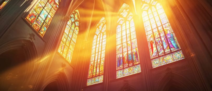 Breathtaking view of sunlight streaming through colorful stained glass windows in a cathedral, creating a warm golden ambiance and illuminating intricate religious scenes.