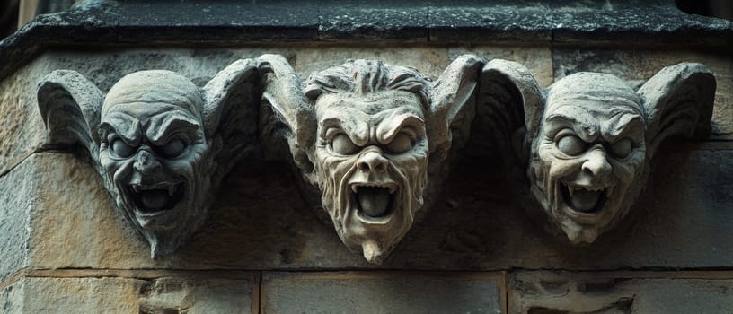 Close up of three grotesque stone gargoyle faces with exaggerated features and open mouths, adorning the exterior of a Gothic style building.