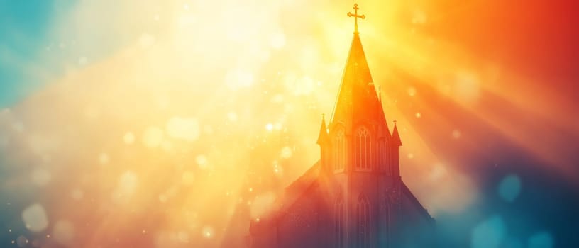 Silhouette of a church steeple against a vibrant sunset sky with golden light and dreamy bokeh effect, symbolizing faith and spirituality.