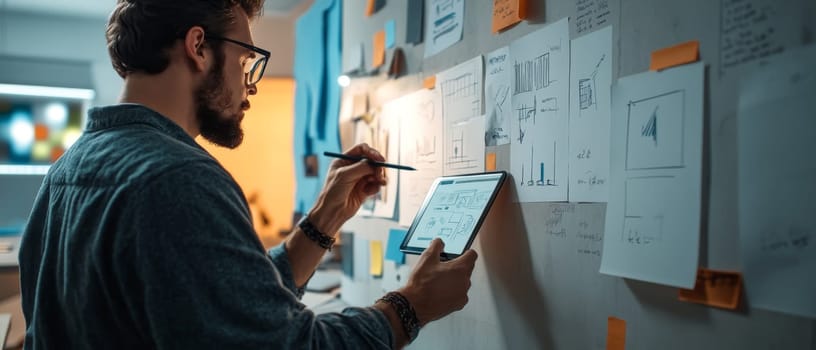 Male designer working on tablet with digital wireframes while surrounded by paper sketches and notes on a creative mood board.