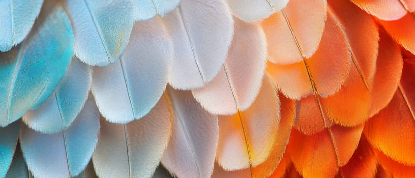 Extreme close up of colorful feathers ranging from soft blue to warm orange, showcasing the delicate texture and gradient of hues.