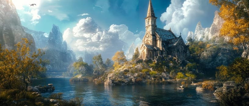 A majestic stone church perched on a rocky outcrop overlooking a serene lake, surrounded by towering mountains and lush autumn foliage in a dreamlike setting.