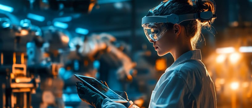 Woman in lab coat wearing augmented reality glasses interacts with holographic display in high tech laboratory environment, surrounded by blue and orange lighting.