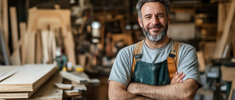 Confident mature carpenter standing in woodworking shop, wearing protective gear and apron, surrounded by tools and wood materials, embodying craftsmanship and expertise.