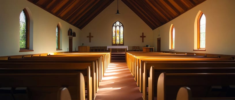 Tranquil interior of a small rural church with sunlight streaming through windows, illuminating wooden pews and a simple altar.