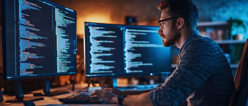 Focused programmer coding on multiple screens in dimly lit office, surrounded by glowing monitors displaying lines of code.
