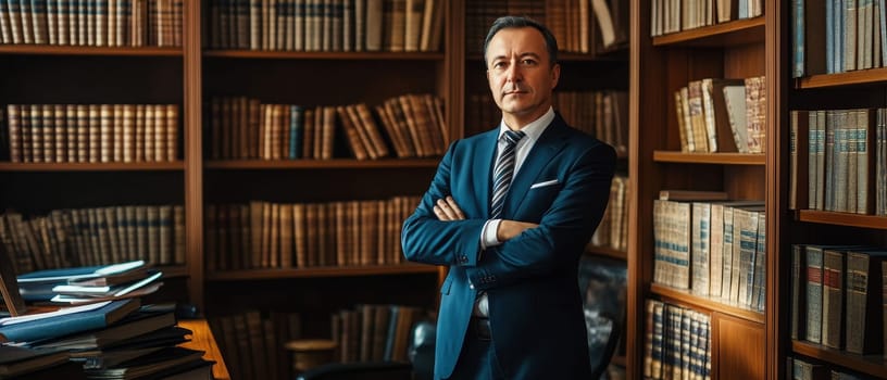 Professional lawyer in blue suit standing with arms crossed in front of extensive law library, projecting authority and expertise in legal matters.