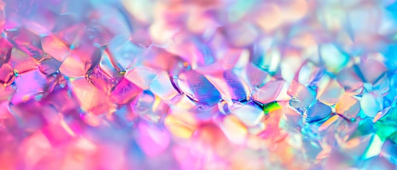 Macro shot of iridescent holographic crystals creating a mesmerizing abstract pattern with vibrant pink, blue, and purple hues.