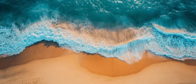 Stunning aerial view of turquoise ocean waves crashing onto a golden sandy beach, showcasing the beauty of coastal landscapes.