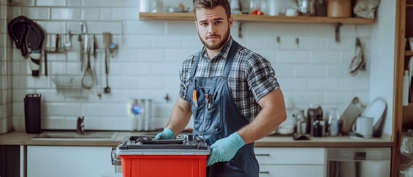 Professional repairman in work clothes holding toolbox in modern kitchen, ready to fix household appliances.