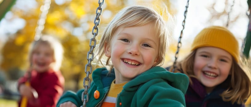 Joyful children laughing and swinging together on a playground, with autumn foliage in the background.