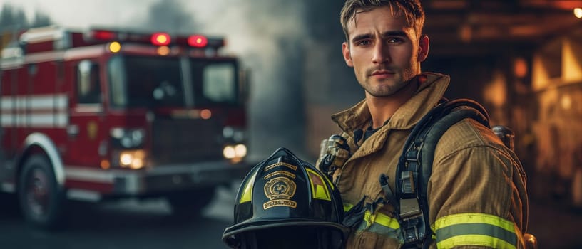 Determined firefighter in full protective gear holding helmet, standing in front of fire truck with flashing lights, ready for emergency response.