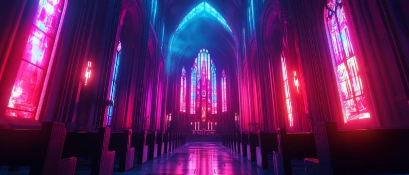 A stunning Gothic cathedral interior bathed in vibrant neon pink and blue lights, creating a surreal and futuristic atmosphere with long aisles and intricate stained glass windows.